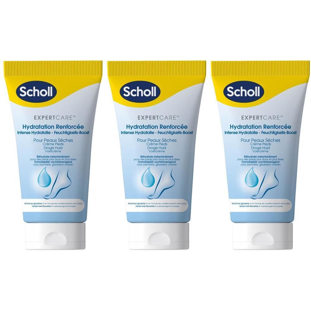 Drie tubes Scholl ExpertCare voetcrème. Wit-blauwe tubes met gele dop. Opschrift: Hydratation Renforcée, Intense Hydratation.