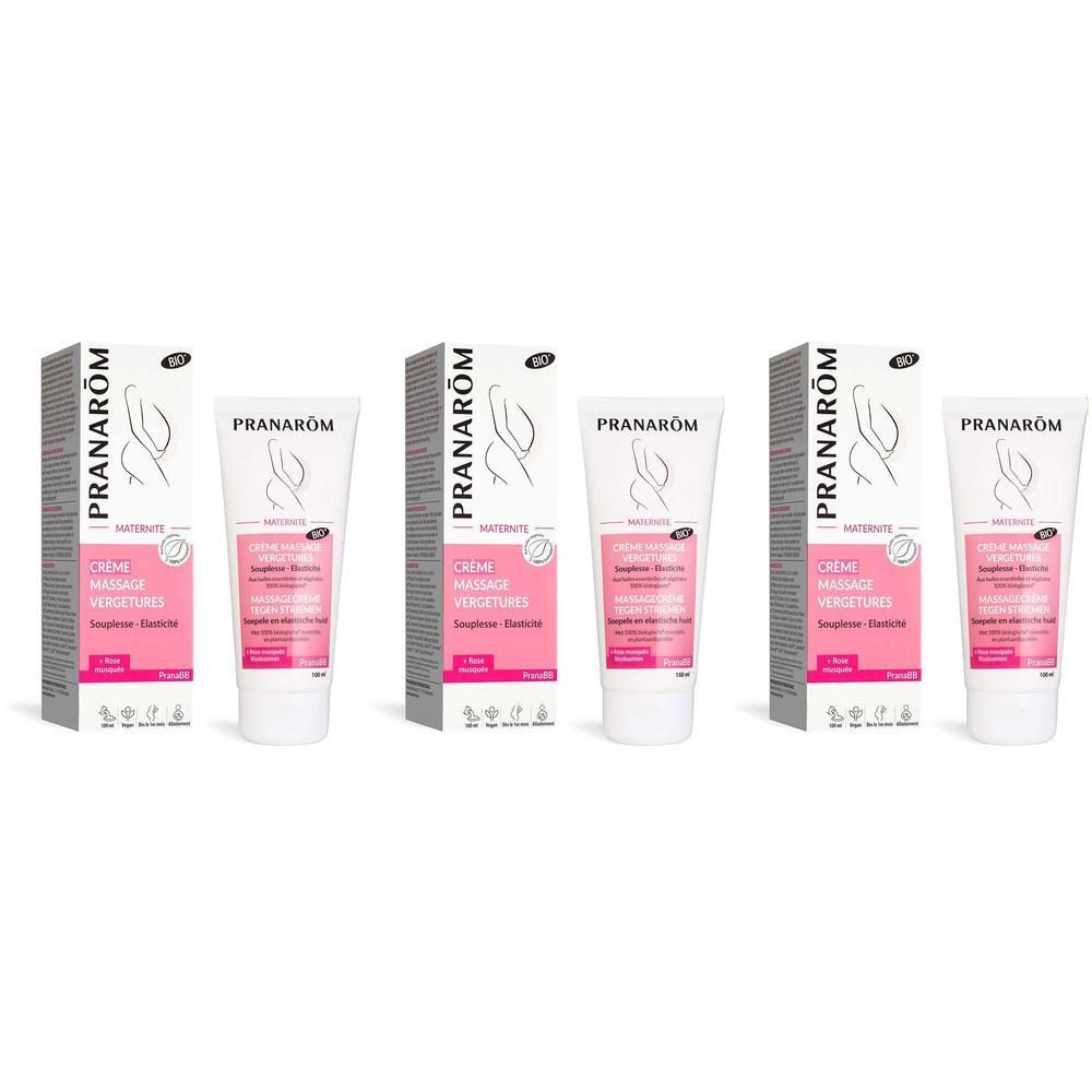 Trois tubes et boîtes. Inscription: Pranarôm, Crème massage vergétures, Bio. Étiquette rose.