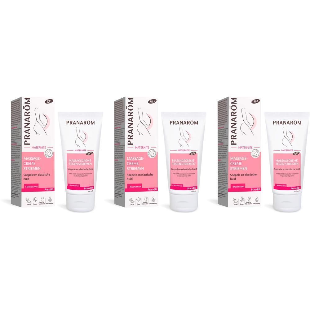 Vier tubes en verpakkingen. Opschrift: Pranarôm, Crème massage vergétures, Bio. Roze etiket.