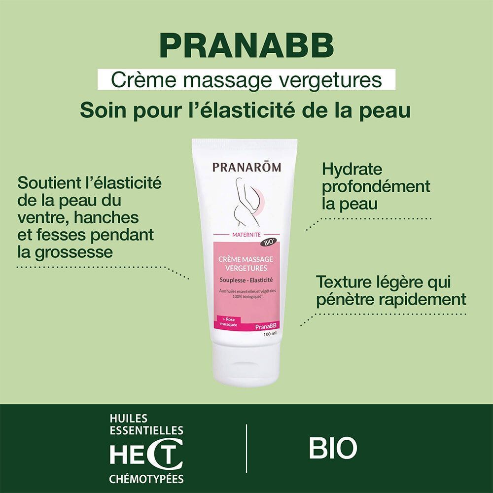 Tube avec étiquette rose. Texte: Pranarôm, Crème massage vergétures, Bio. Fond vert et blanc.