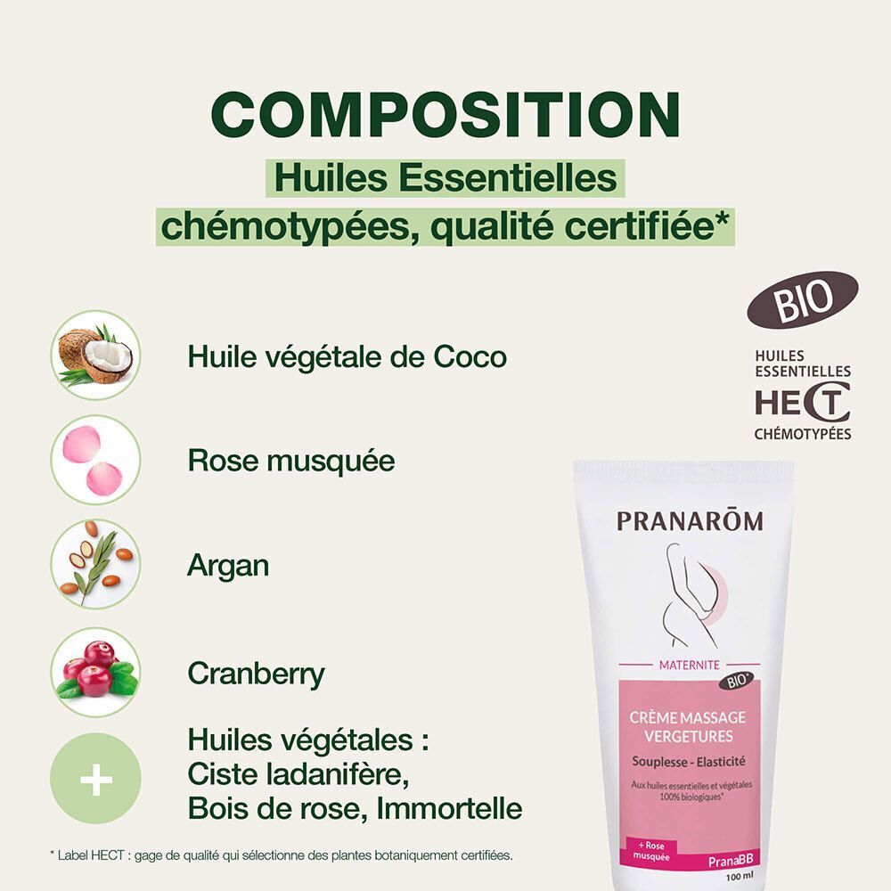 Liste des ingrédients. Inscription: Huiles Essentielles chémotypées, qualité certifiée. Logo Bio.