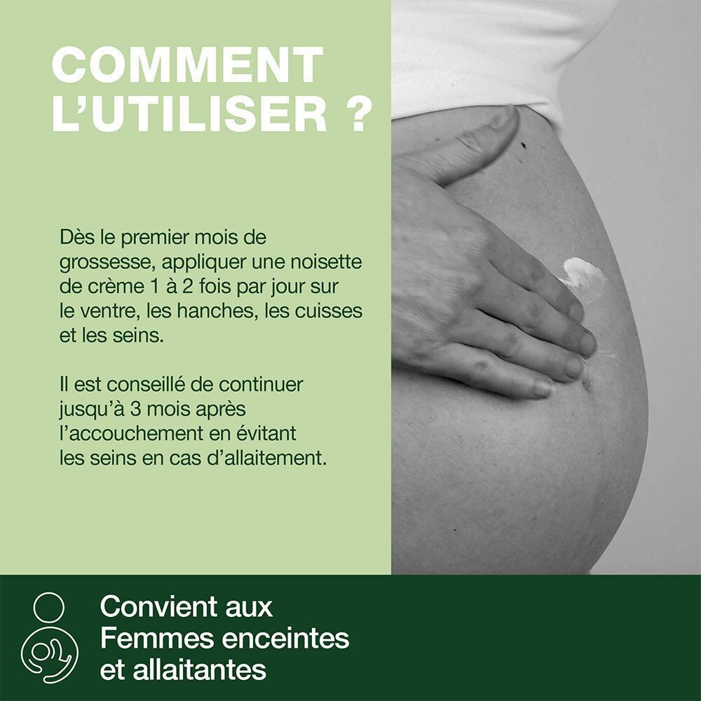 Conseils d'utilisation. Texte: Dès le premier mois de grossesse, appliquer la crème. Convient aux femmes enceintes et allaitantes.