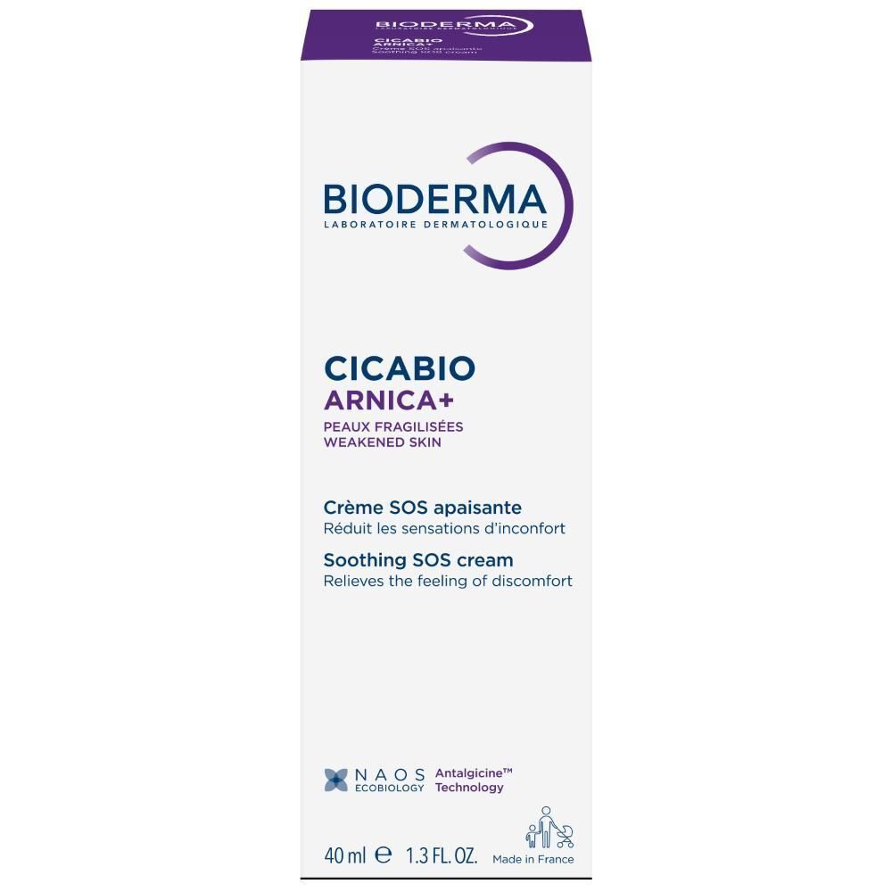 Une boîte. Blanche, avec des accents violets. Inscription: Bioderma, Cicabio Arnica+, Crème SOS apaisante, Soothing SOS cream.