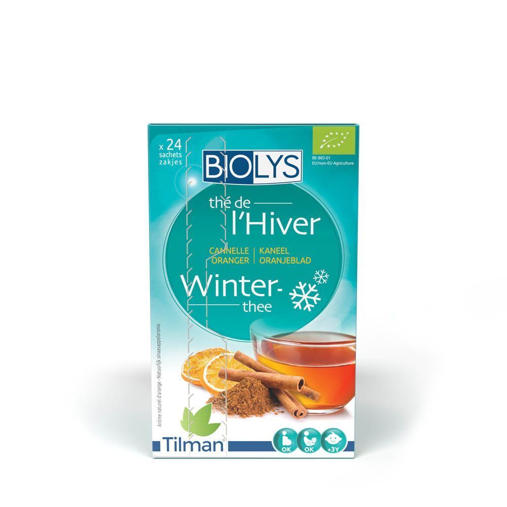 Theedoos. Opschrift: Biolys, Thé de l'Hiver, Winter-thee. Afbeelding: kaneel, sinaasappel, thee.