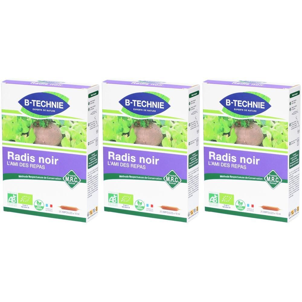 Drie dozen met "B-TECHNIE Radis noir L'AMI DES REPAS". Bio-certificeringen en MRC-logo's. Witte dozen met paarse en groene tekst.