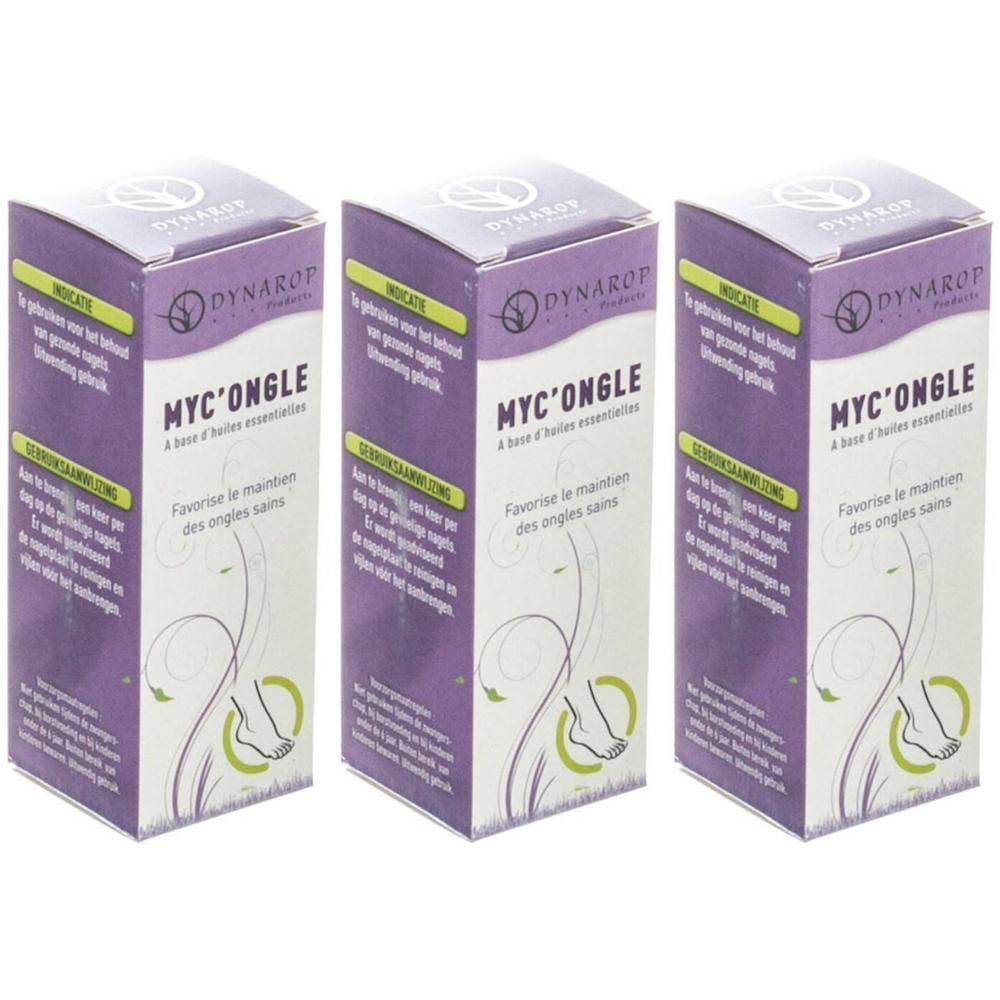 Drie dozen Dynarop Mycose Ongle. Paars-witte verpakking met productnaam en voetillustratie. Tekst in meerdere talen.