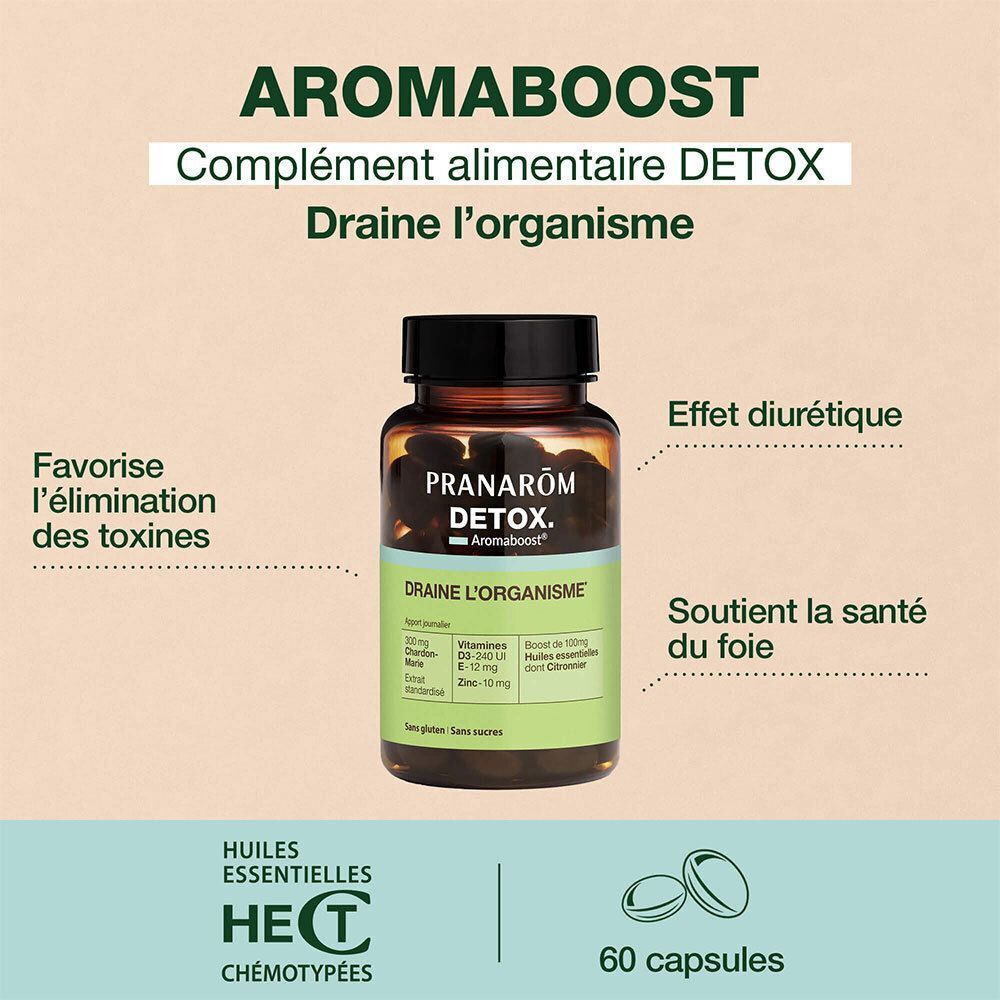 Un flacon de Pranarôm Detox avec 60 gélules. Texte: Aromaboost, Complément alimentaire DETOX. Informations supplémentaires.