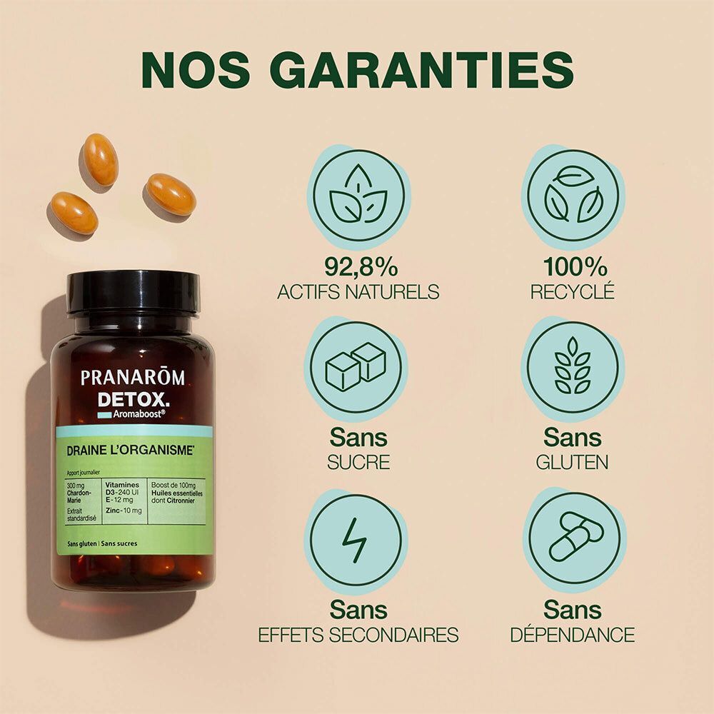 Un flacon de Pranarôm Detox et des gélules. Texte: 92,8% actifs naturels, sans sucre, sans gluten, sans effets secondaires, sans dépendance.