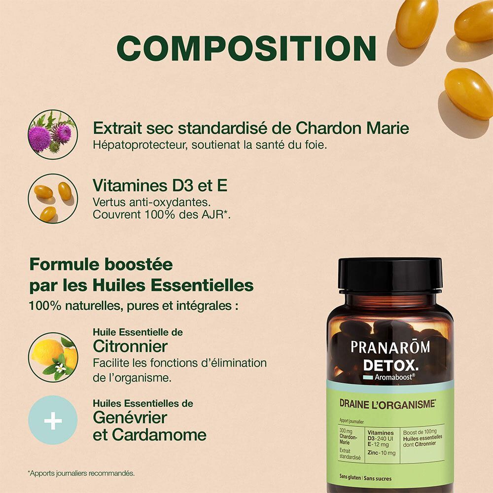 Un flacon de Pranarôm Detox à côté d'ingrédients. Texte: Chardon Marie, Vitamines D3 et E, Huile essentielle de Citronnier, Genévrier et Cardamome.
