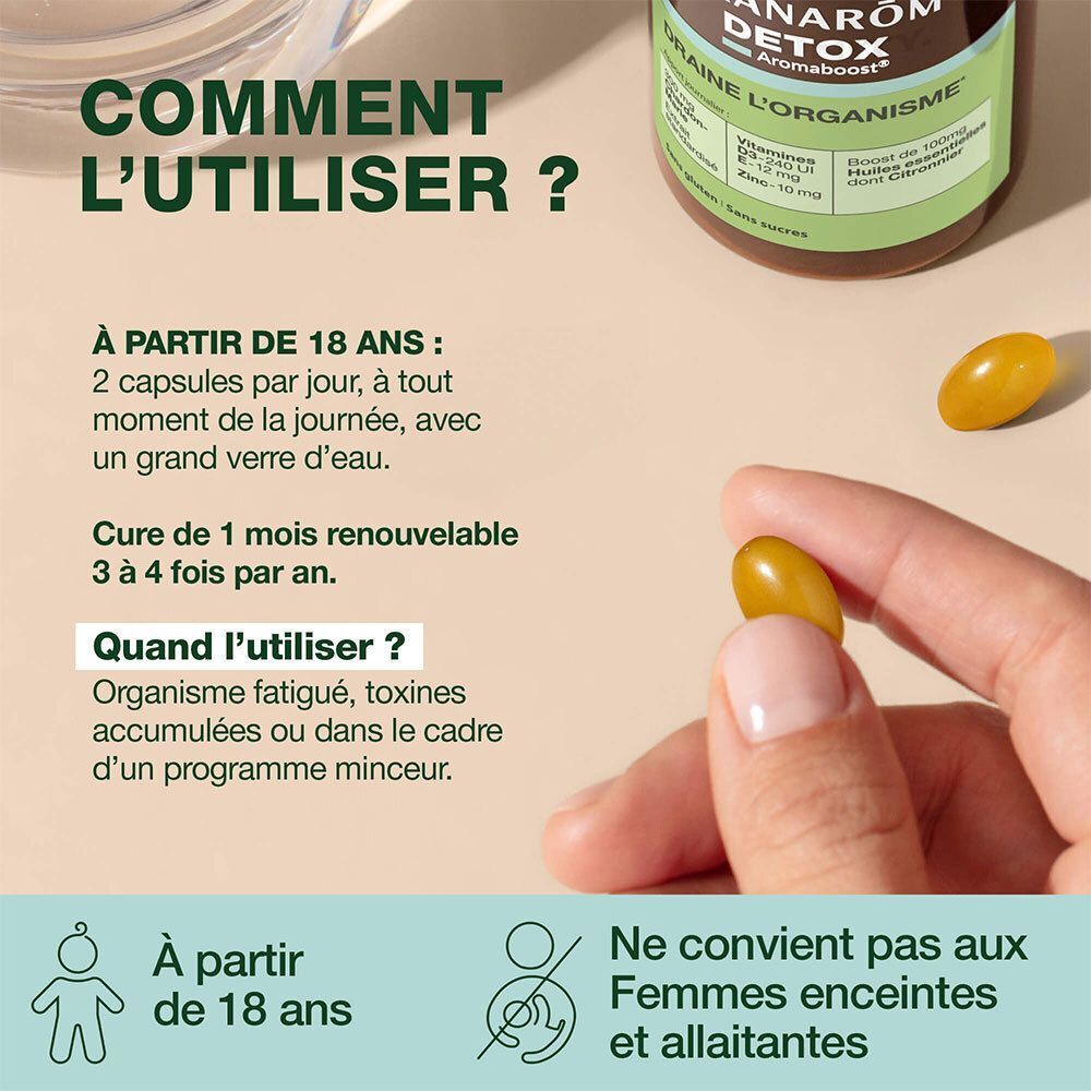 Main tenant une gélule à côté d'un flacon Pranarôm Detox. Texte: À partir de 18 ans, 2 gélules par jour. Ne convient pas aux femmes enceintes et allaitantes.