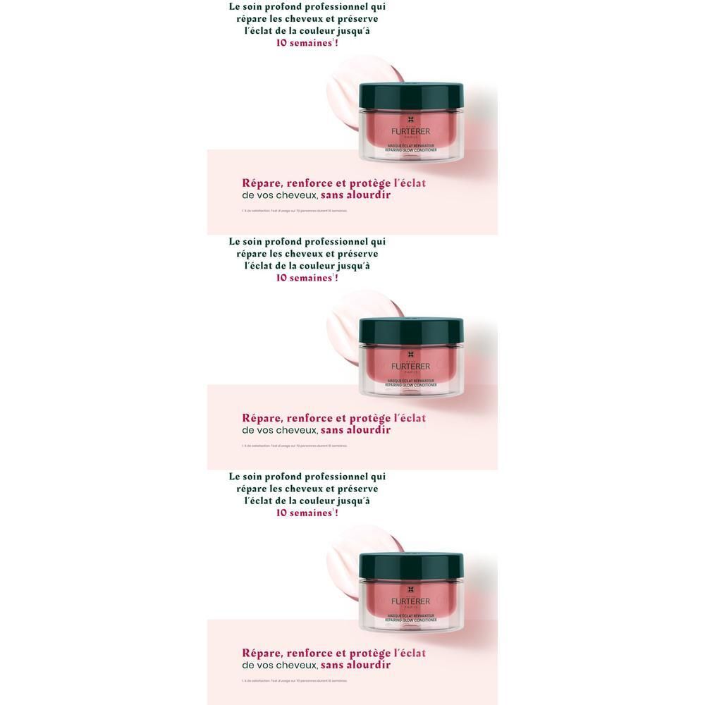 Trois pots de produit rose avec couvercle vert foncé. Texte: Répare, renforce et protège l'éclat de vos cheveux sans alourdir.