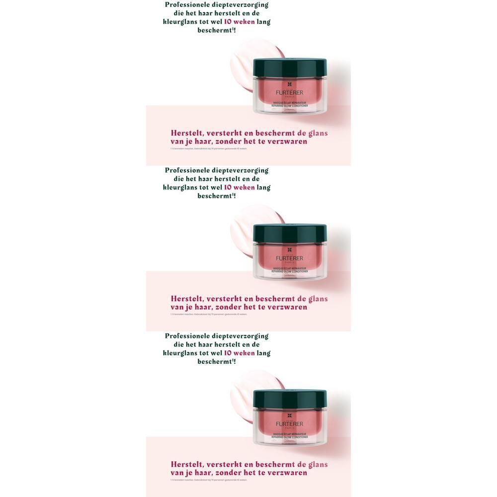 Drie potten roze product met donkergroene deksel. Tekst: Herstelt, versterkt en beschermt de glans van je haar, zonder het te verzwaren.