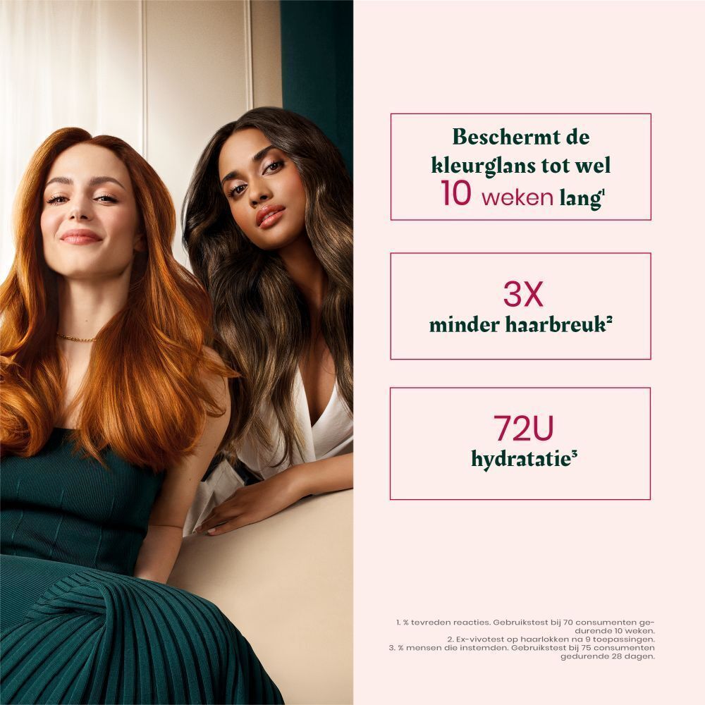 Twee vrouwen met gekleurd haar. Tekst: Beschermt de kleurglans tot wel 10 weken lang, 3x minder haarbreuk, 72U hydratatie.