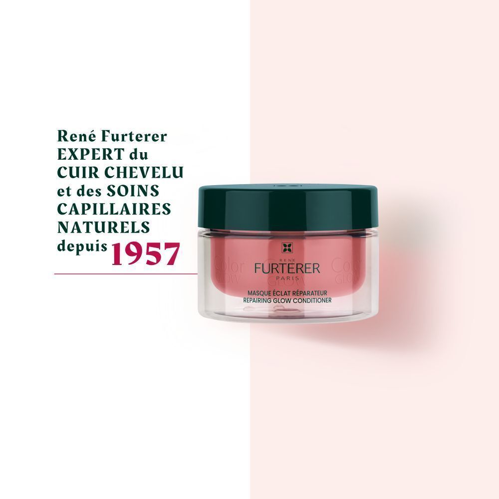 Pot de produit rose avec couvercle vert foncé. Texte: René Furterer, Expert du cuir chevelu et des soins capillaires naturels.