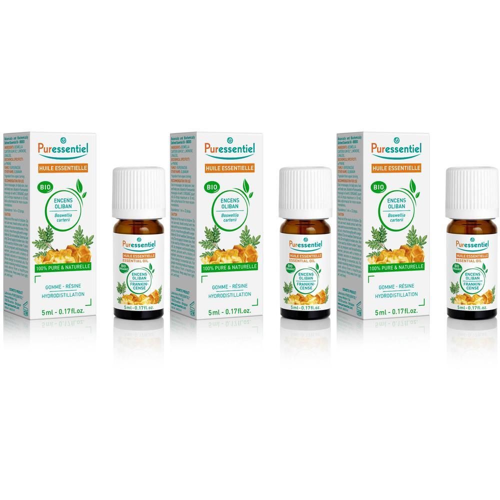 Plusieurs flacons et emballages. Sur les emballages, on peut lire "Puressentiel", "Huile Essentielle" et "Encens Olban".