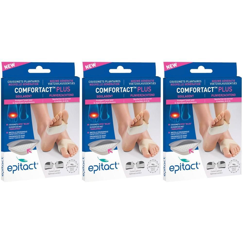 Drie verpakkingen Epitact Comfortact Plus. Elke verpakking toont een voetmodel met een voetkussen. Tekst: COMFORTACT PLUS, epitact.