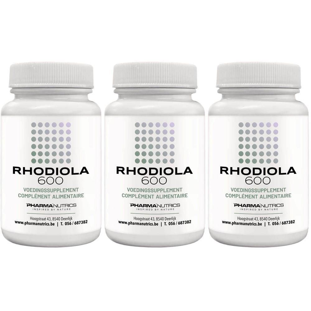 Drie witte flessen met schroefdop. Op elke fles staat 'RHODIOLA 600' en 'PHARMANUTRICS'.