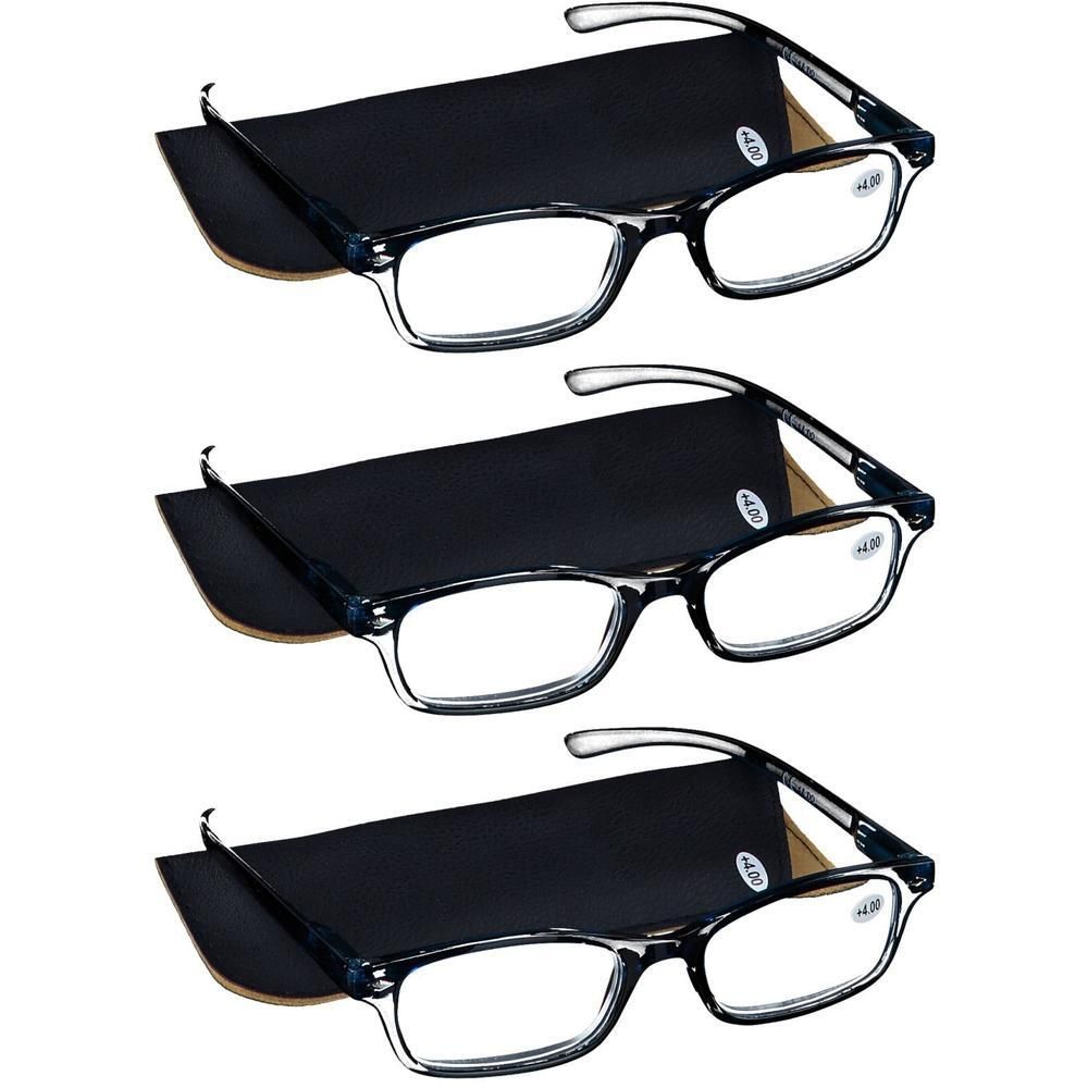 Trois paires de lunettes à monture noire, étuis noirs. Verres avec +4.00.
