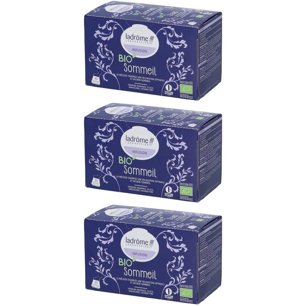 Drie dozen 'ladrôme BIO Sommeil'. Blauwe verpakking met bloemmotief en bio-label. Opschrift 'Infusion'.