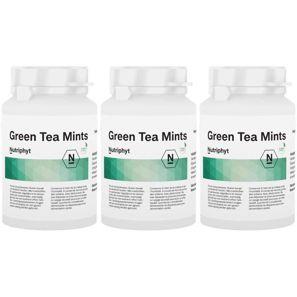 Trois flacons blancs avec l'inscription "Green Tea Mints" et "Nutriphyt". Chaque flacon a un couvercle blanc et une étiquette verte.