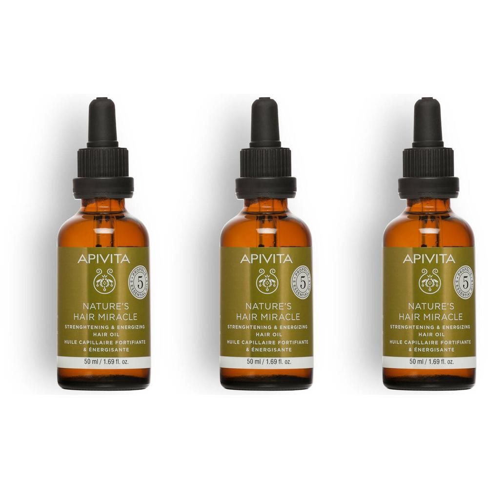 Trois flacons en verre brun avec compte-gouttes noir. Étiquette avec : APIVITA, Nature's Hair Miracle, Hair Oil. 50 ml.