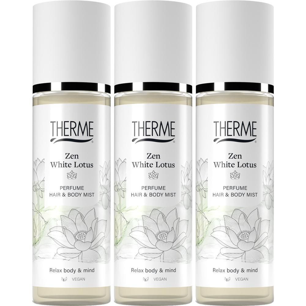 Drie sprays met witte dop. Opschrift: THERME, Zen White Lotus, Parfum Hair & Body Mist. Vegan logo.