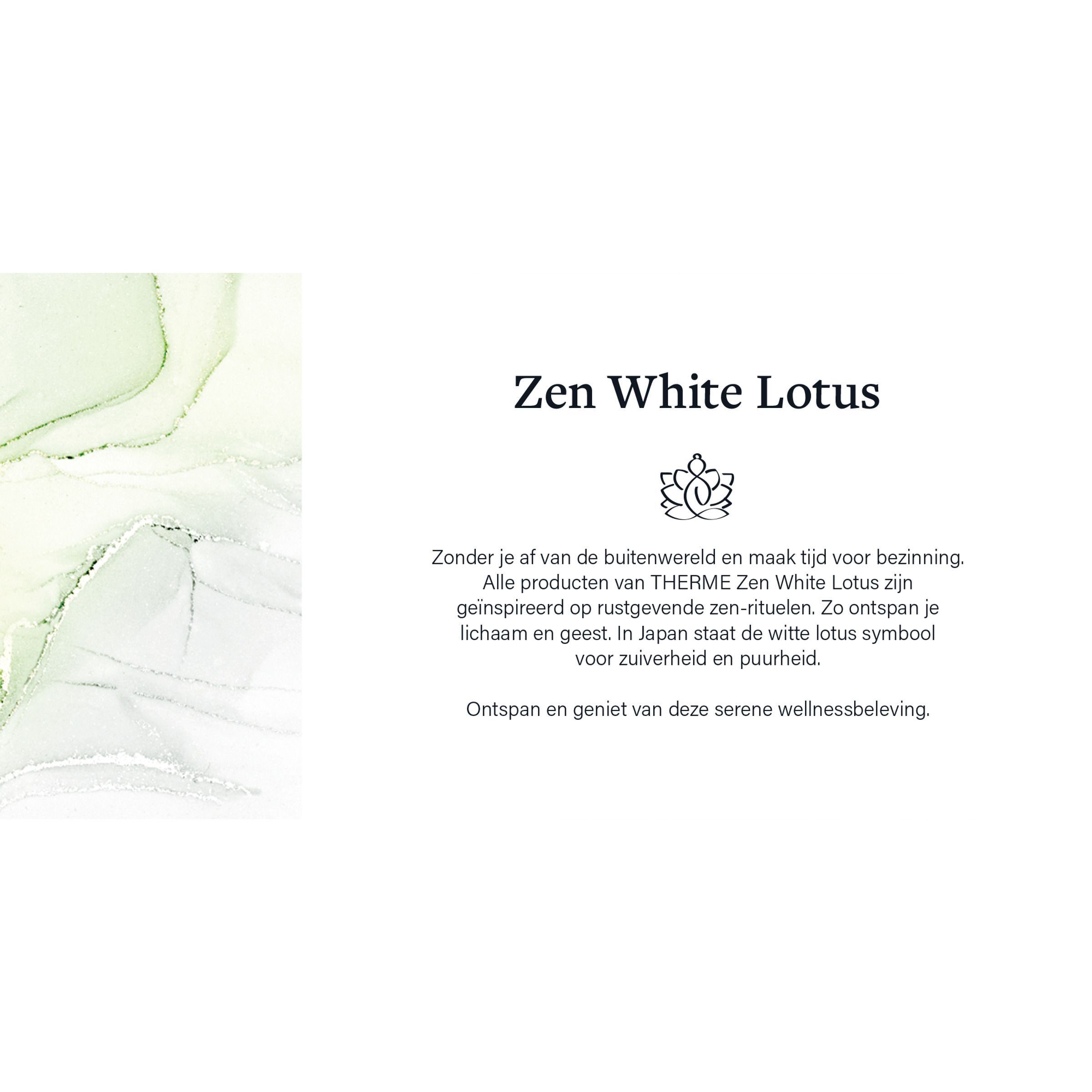 Tekst op witte achtergrond. Titel: Zen White Lotus. Tekst over THERME Zen White Lotus. Lotusbloem symbool.