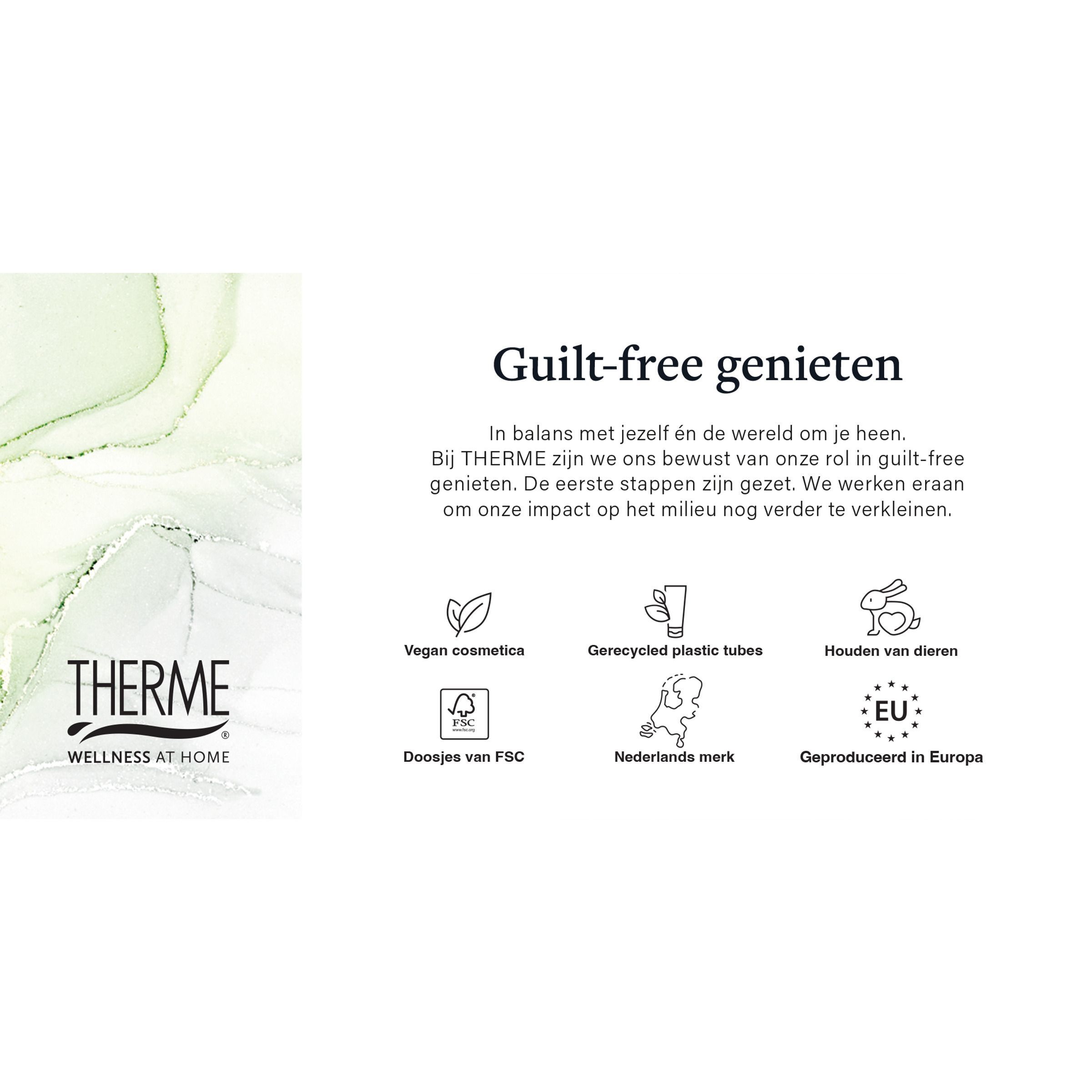 Tekst op witte achtergrond. Titel: Guilt-free genieten. Logo's: Vegan, gerecyclede plastic, diervriendelijk, FSC, Nederland, EU.