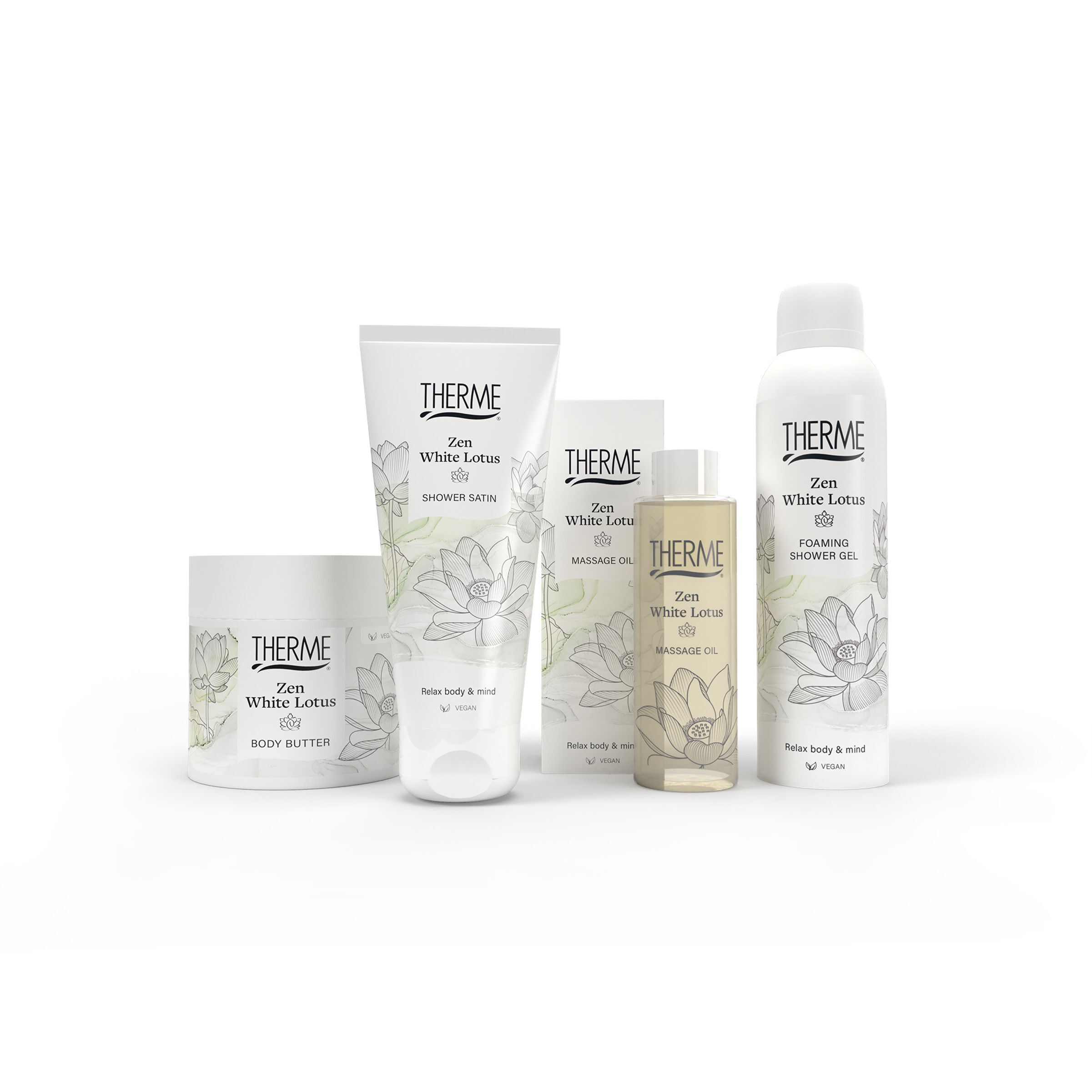 Verschillende producten: body butter, douchegel, massageolie, tube, spray. Opschrift: THERME, Zen White Lotus. Lotusbloem design.
