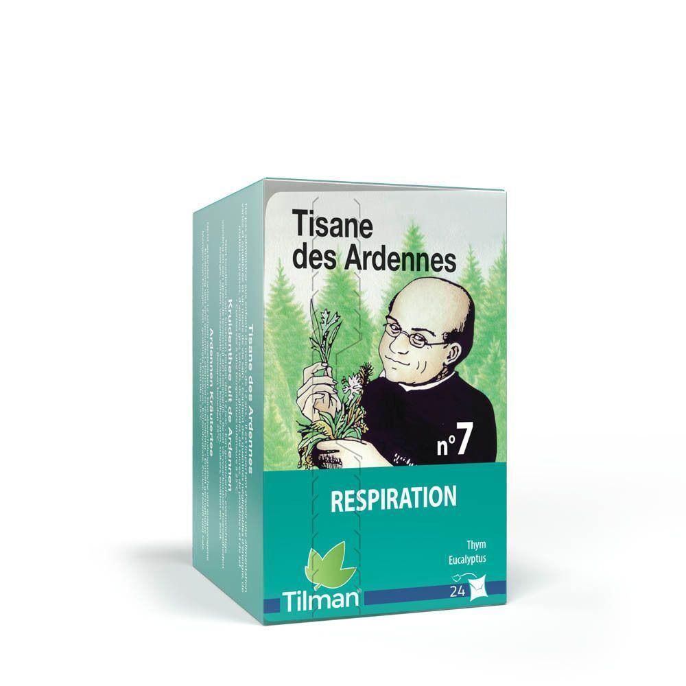 Boîte "Tisane des Ardennes n°7 Respiration". Illustration d'un homme avec des herbes. Marque Tilman. 24 sachets.