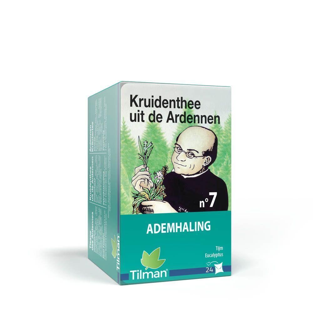 Doos "Kruidenthee uit de Ardennen n°7 Ademhaling". Illustratie man met kruiden. Merk Tilman. 24 zakjes.