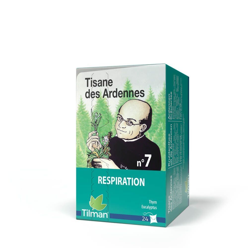 Boîte "Tisane des Ardennes n°7 Respiration". Illustration d'un homme avec des herbes. Marque Tilman. 24 sachets.