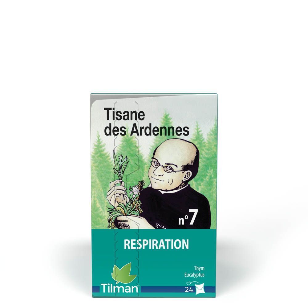 Boîte "Tisane des Ardennes n°7 Respiration". Illustration d'un homme avec des herbes. Marque Tilman. 24 sachets.