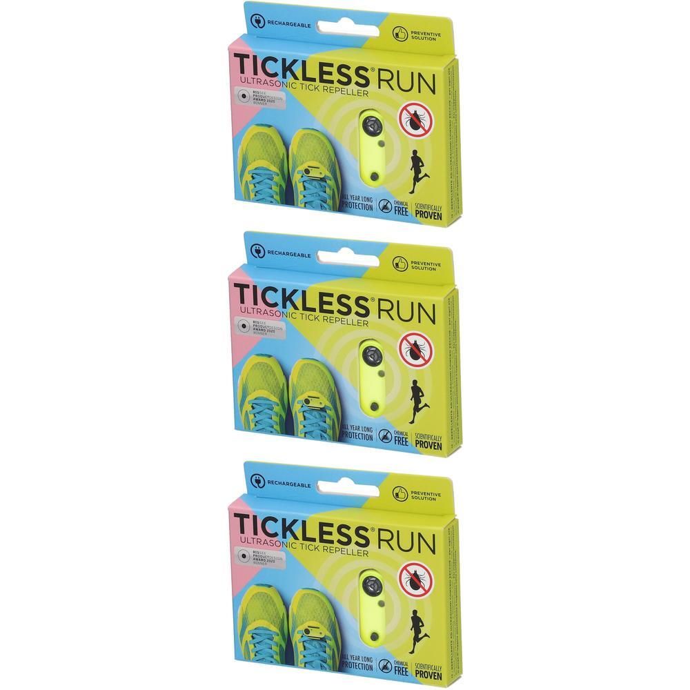 Trois boîtes jaunes avec le nom du produit TICKLESS RUN. Chaque boîte présente un appareil jaune fixé à une chaussure.