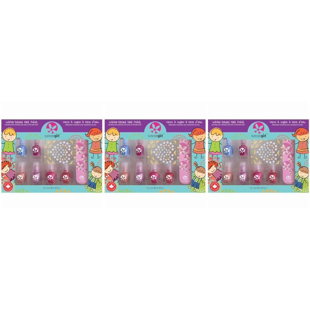 Drie geschenksets met nagellak voor kinderen. Elke set bevat meerdere nagellakflesjes, een vijl en een applicator.