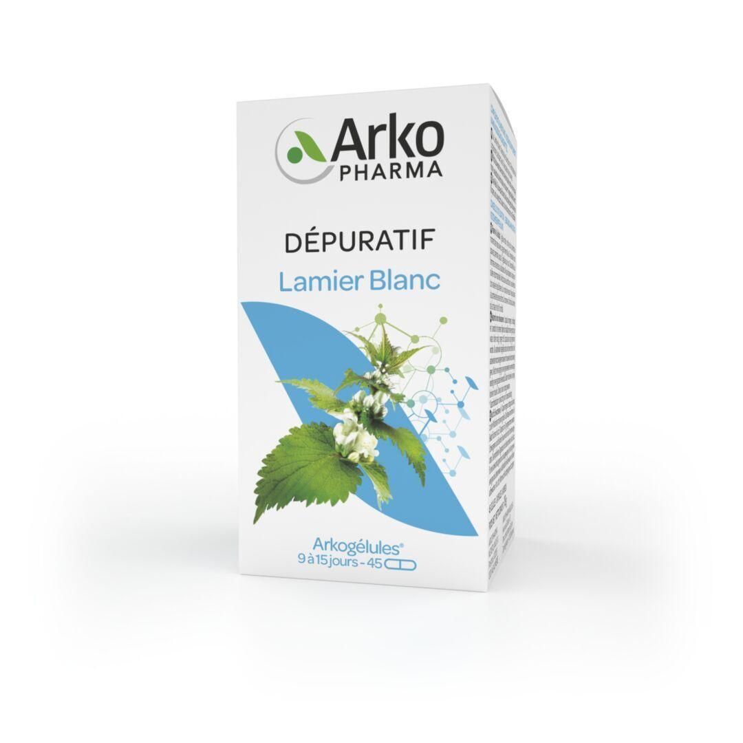 Boîte Arkogelules Lamier Blanc. Logo Arko Pharma. Texte: DÉPURATIF, Lamier Blanc. Illustration d'une plante. 45 gélules.