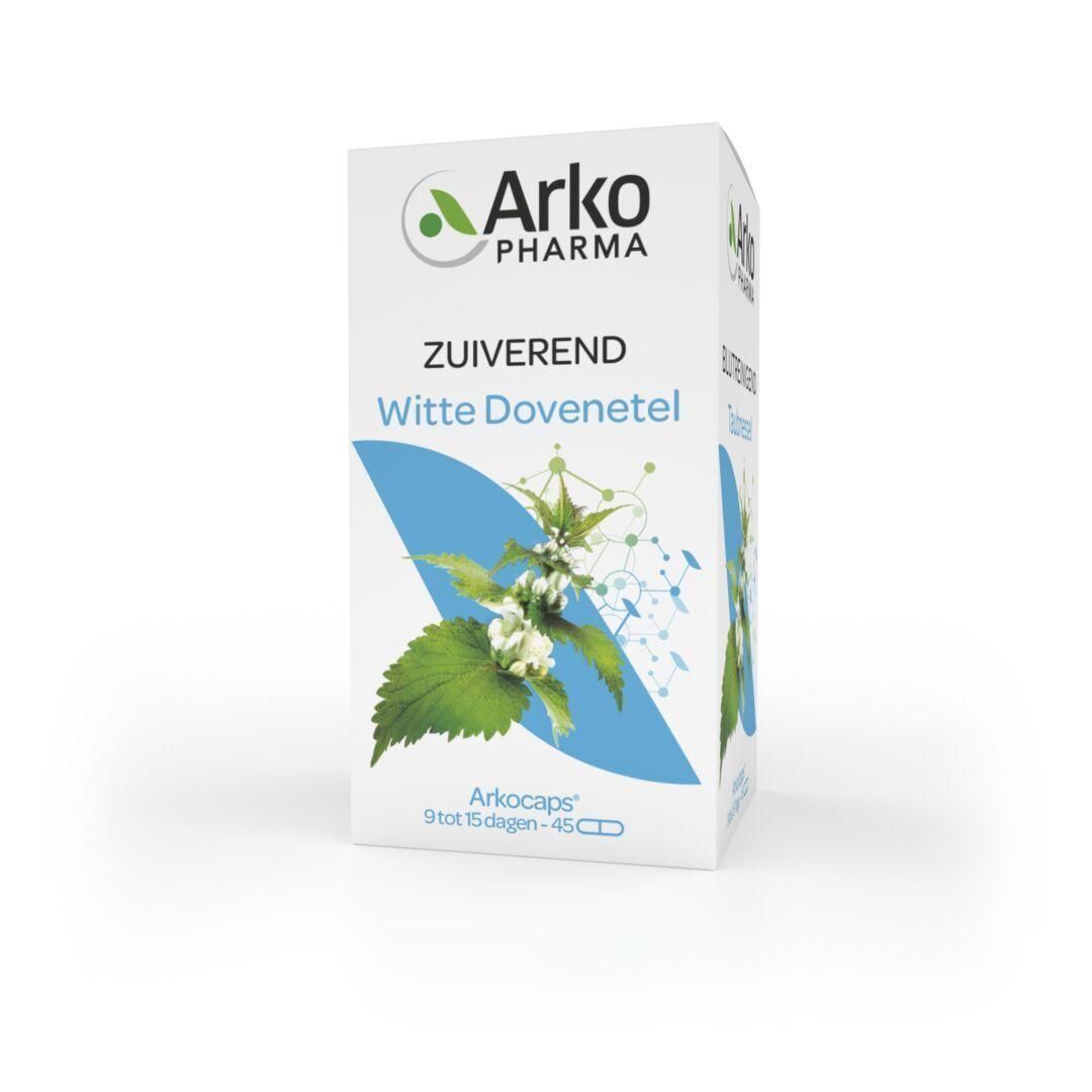 Doos Arkocaps Witte Dovenetel. Arko Pharma logo. Tekst: ZUIVEREND, Witte Dovenetel. Illustratie plant. 45 capsules.