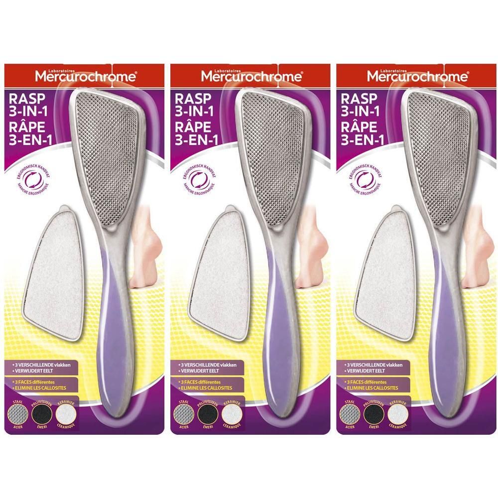 Drie voetvijlen in verpakking. Elke vijl heeft een handvat, een schuuroppervlak en twee vervangende pads. Merk Mercurochrome.