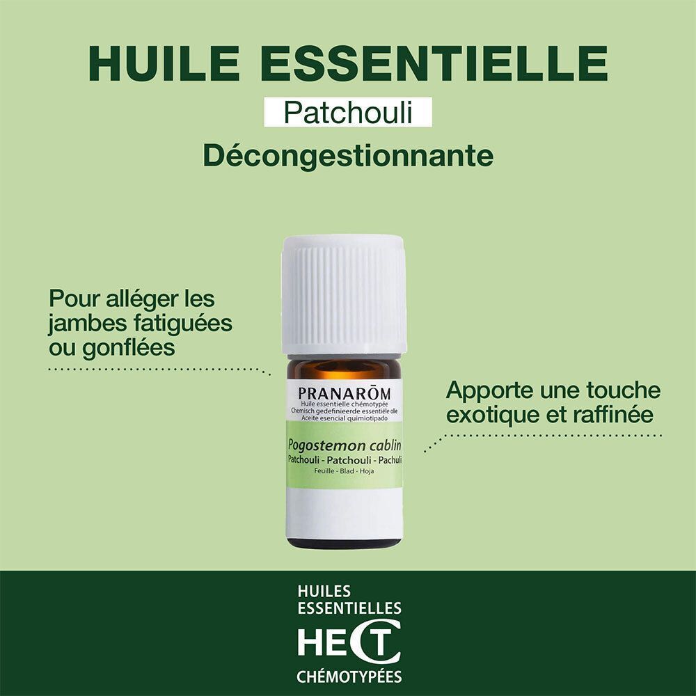 Flacon d'huile essentielle Pranarôm Patchouli. Texte : Huile Essentielle, Patchouli, Décongestionnante.