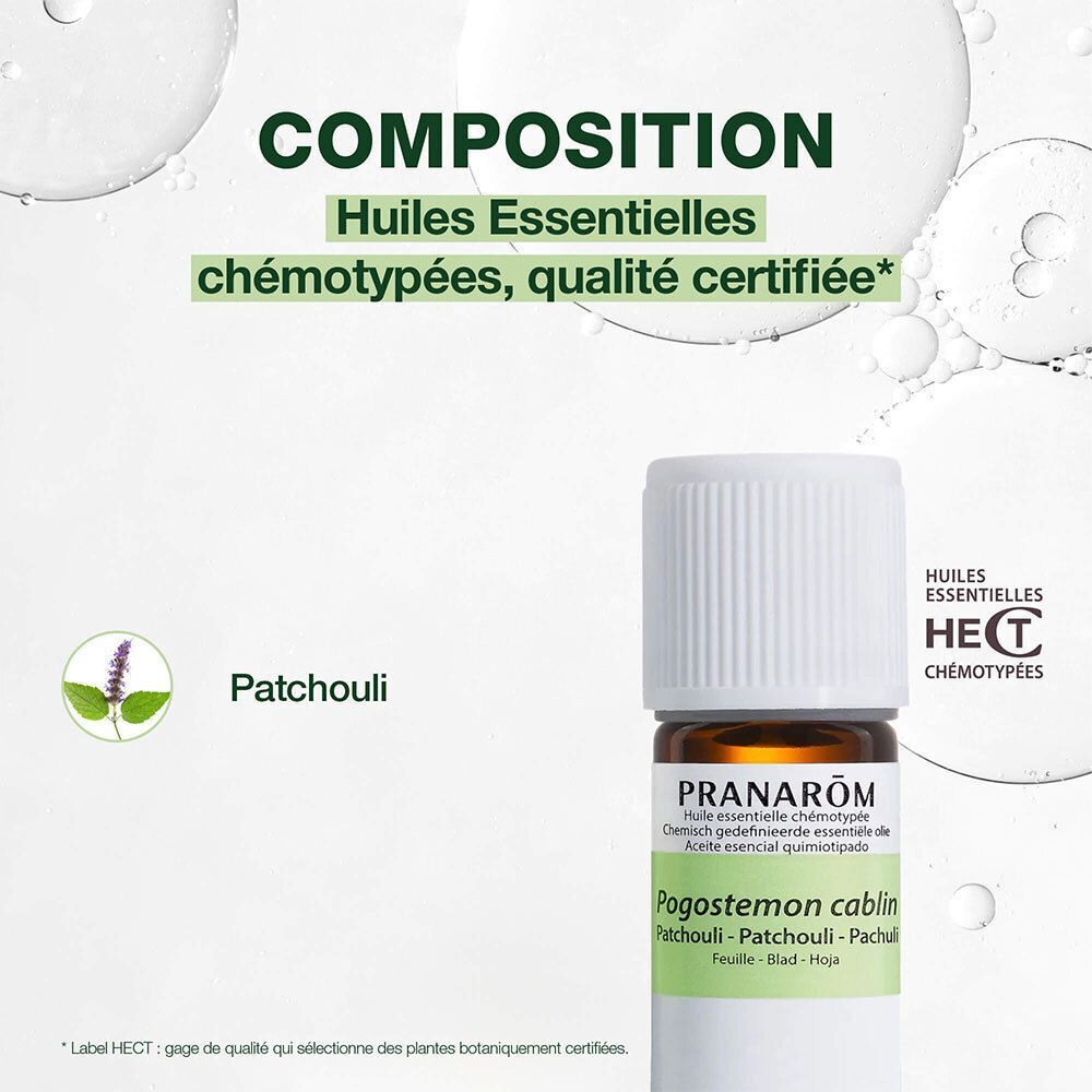 Flacon d'huile essentielle Pranarôm Patchouli. Texte : Composition, Huiles Essentielles chémotypées, qualité certifiée.