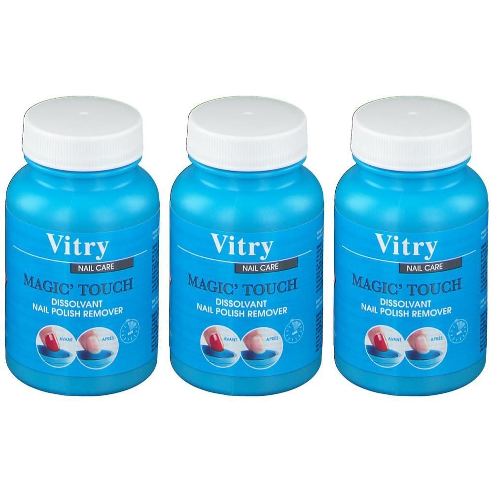 Trois flacons bleus avec bouchons blancs. Chaque flacon porte l'inscription "Vitry Magic Touch Dissolvant Nail Polish Remover".
