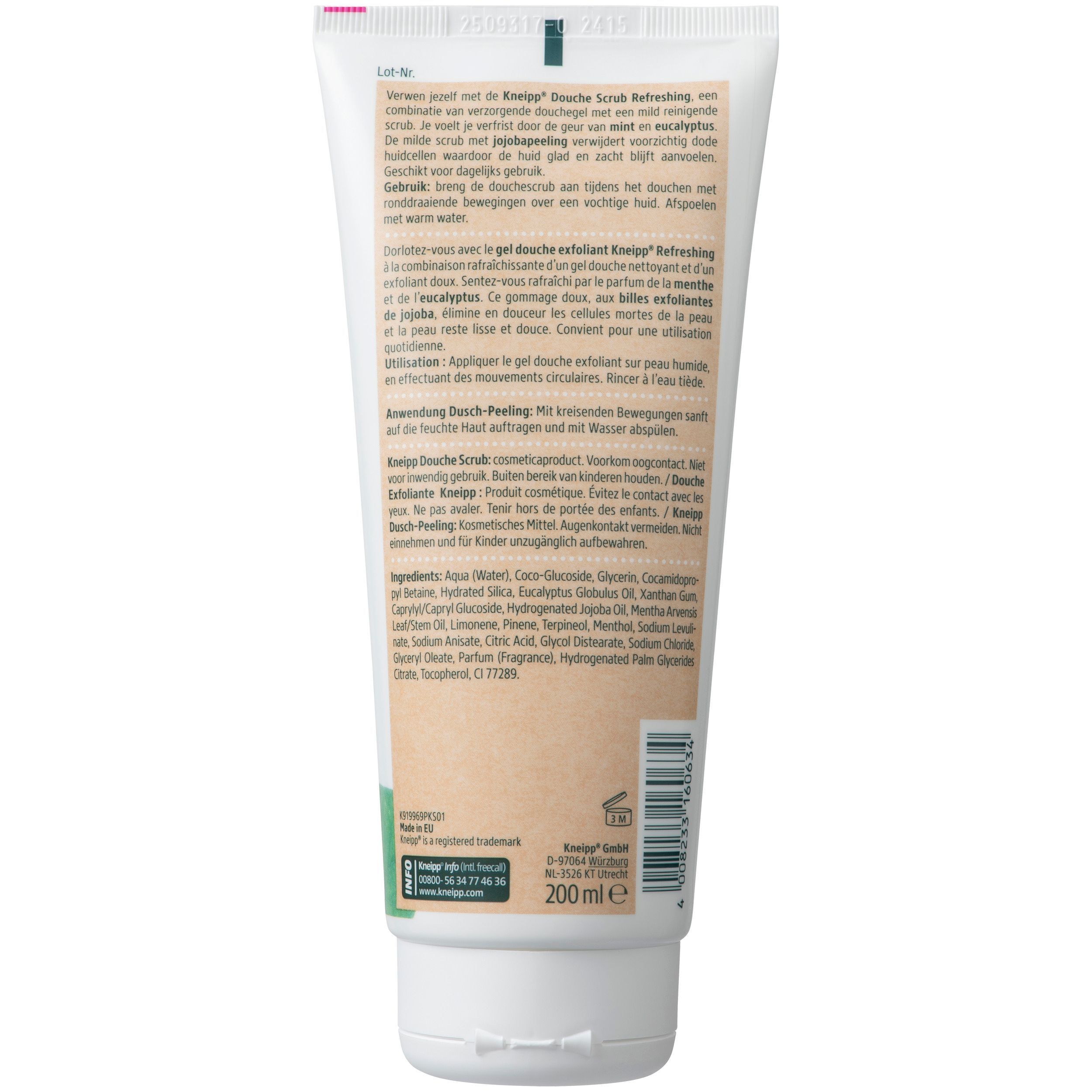 Dos d'un tube de gommage douche. Blanc, avec texte et informations sur les ingrédients. Texte: Kneipp, 200 ml.