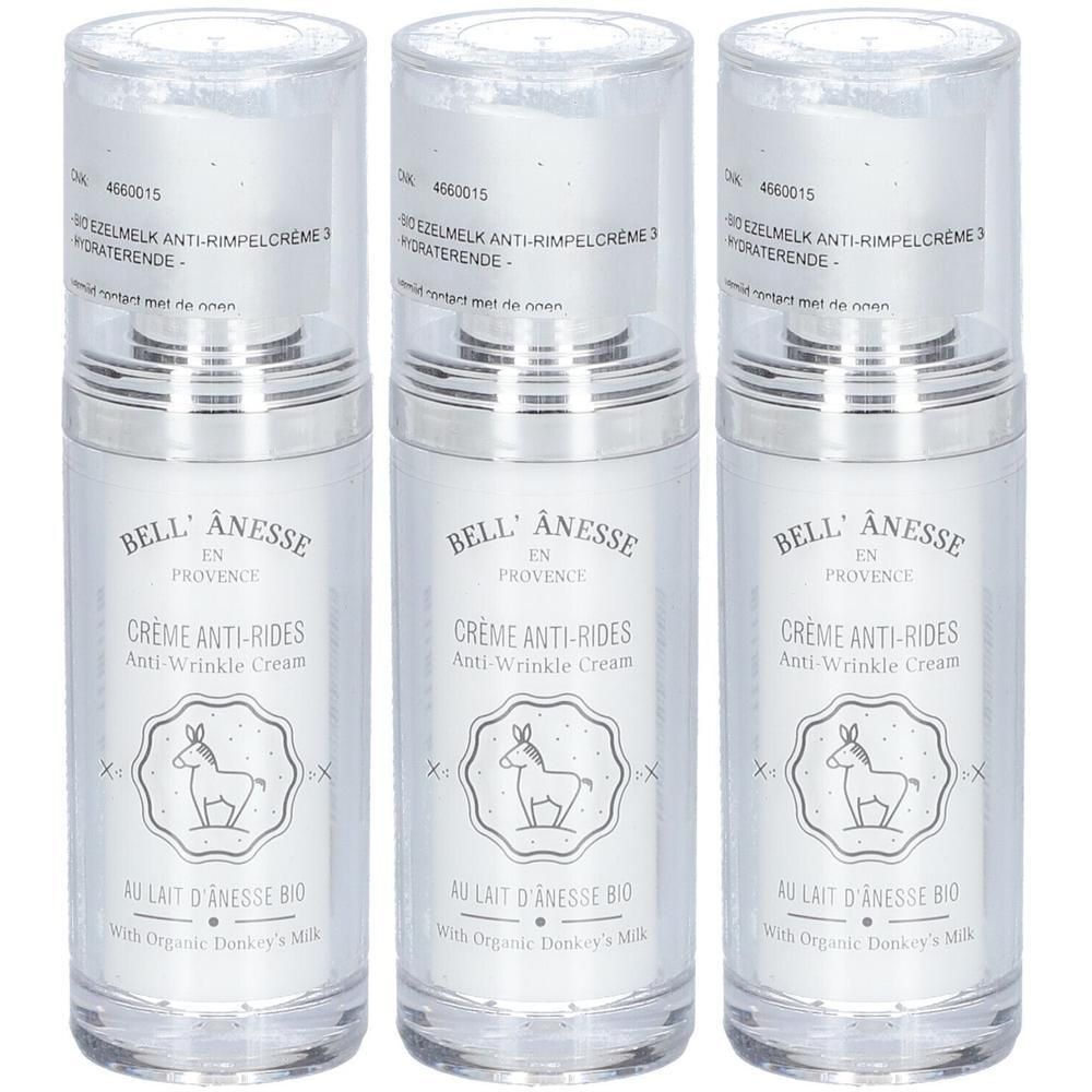 Drie flacons crème anti-rides. Opschrift: Bell' Ânesse en Provence, Crème Anti-Rides, Au Lait d'Ânesse Bio.