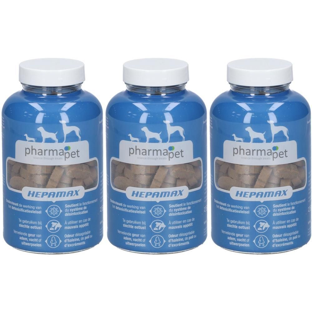 Drie blauwe flessen met witte doppen. Opschrift "pharmapet HEPAMAX". Zichtbare tabletten binnenin.