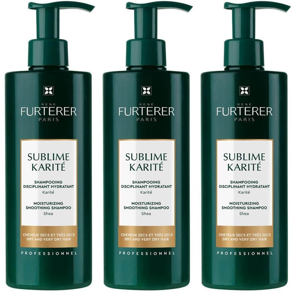 Trois flacons verts de shampooing René Furterer. Étiquettes blanches avec nom du produit et logo.