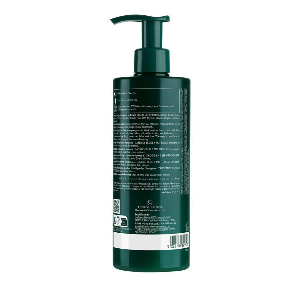 Achteraanzicht van een groene shampoo fles van René Furterer. Tekst in meerdere talen.