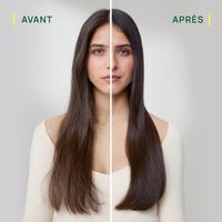 Comparaison avant-après de cheveux. À gauche : cheveux secs. À droite : cheveux lisses et brillants.