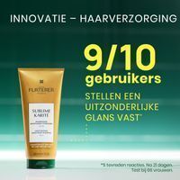 Gouden tube haarverzorgingscrème, opschrift "Sublime Karité". "9/10 gebruikers stellen uitzonderlijke glans vast".
