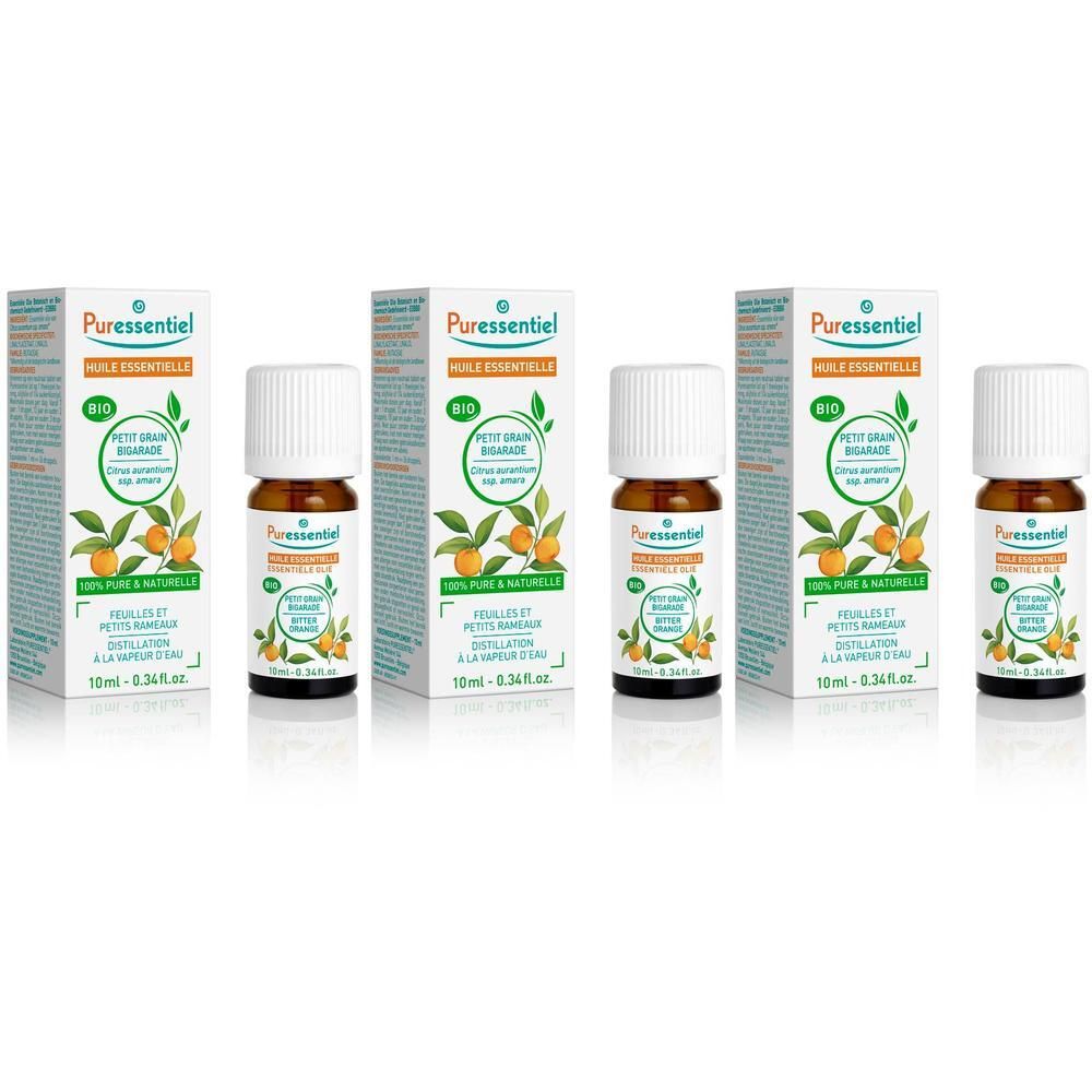Plusieurs flacons et emballages de Puressentiel Petit Grain Bigarade Huile Essentielle Bio. Flacons en verre brun, bouchons blancs.