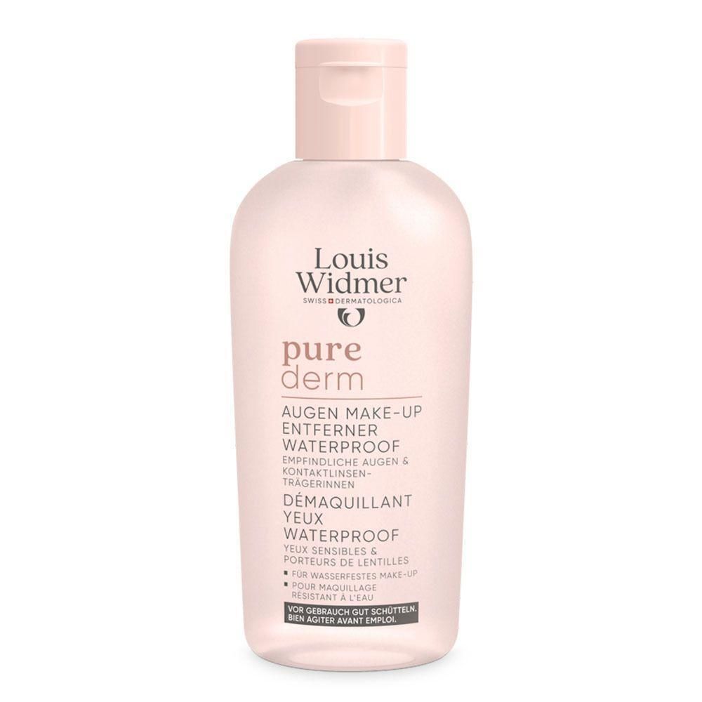 Roze fles met klapdeksel. Opschrift: Louis Widmer, pure derm, Démaquillant Yeux Waterproof. Voor gevoelige ogen.